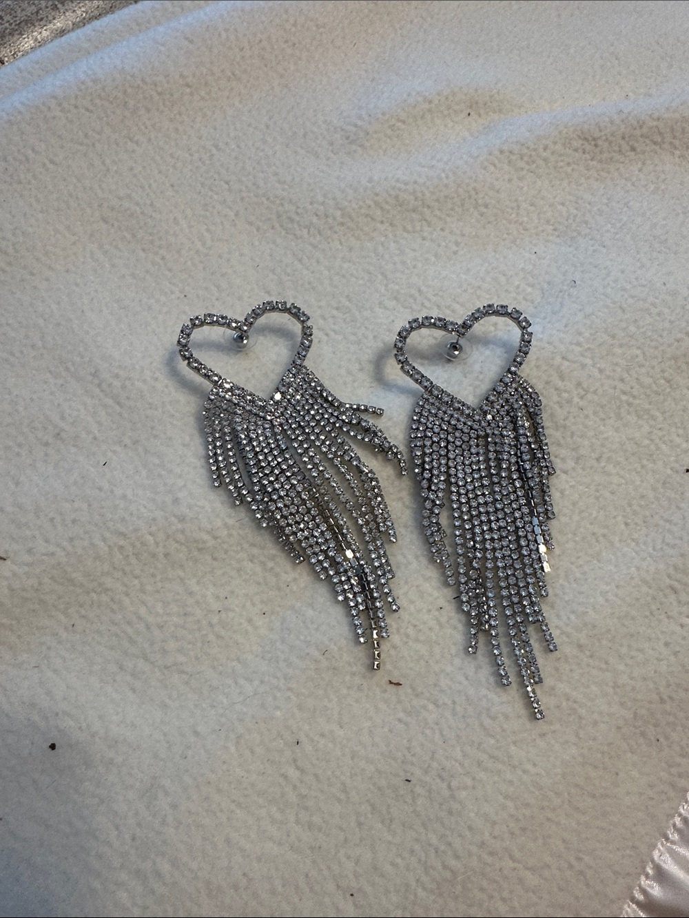 Crystal Heart Fringe Drop Earrings - Silver